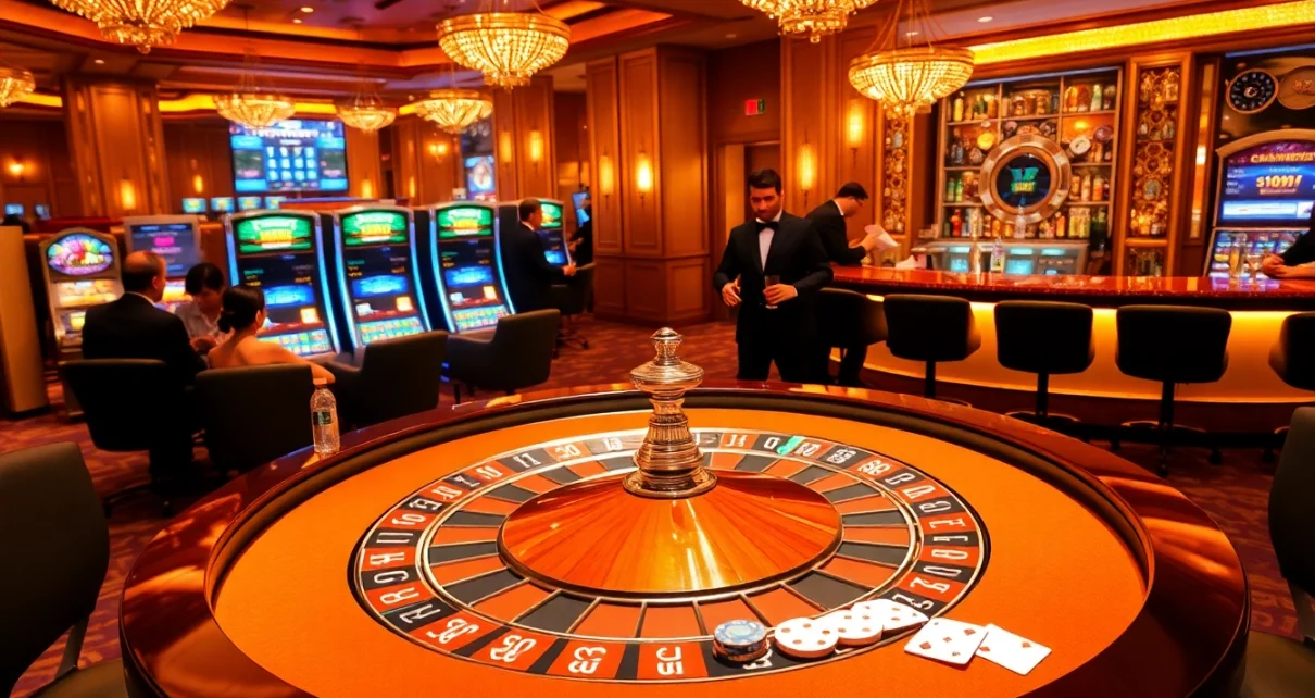 KJC casino scene showcasing a vibrant roulette table with players and colorful slot machines.