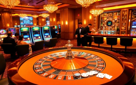 KJC casino scene showcasing a vibrant roulette table with players and colorful slot machines.