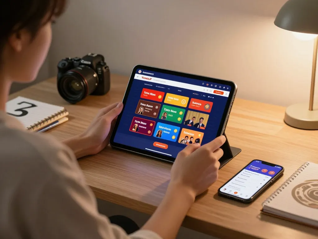 Gambling enthusiast accessing YowesJP online platform for Toto Macau gaming on tablet in cozy home setup.
