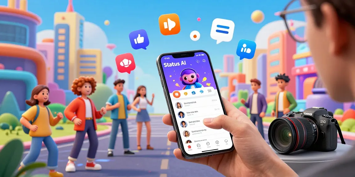 Status AI app interface with colorful avatars representing social media interactions and fandoms.