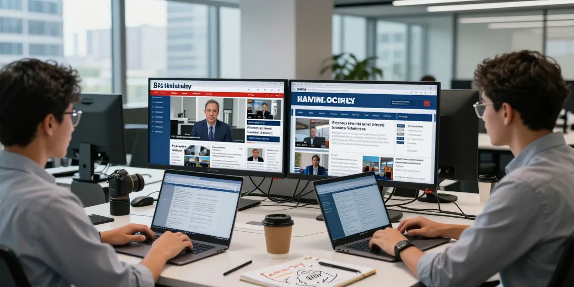 Dynamic newsroom scene showcasing journalists reporting news from https://www.theindaily.com with high-tech gear and lively collaboration.
